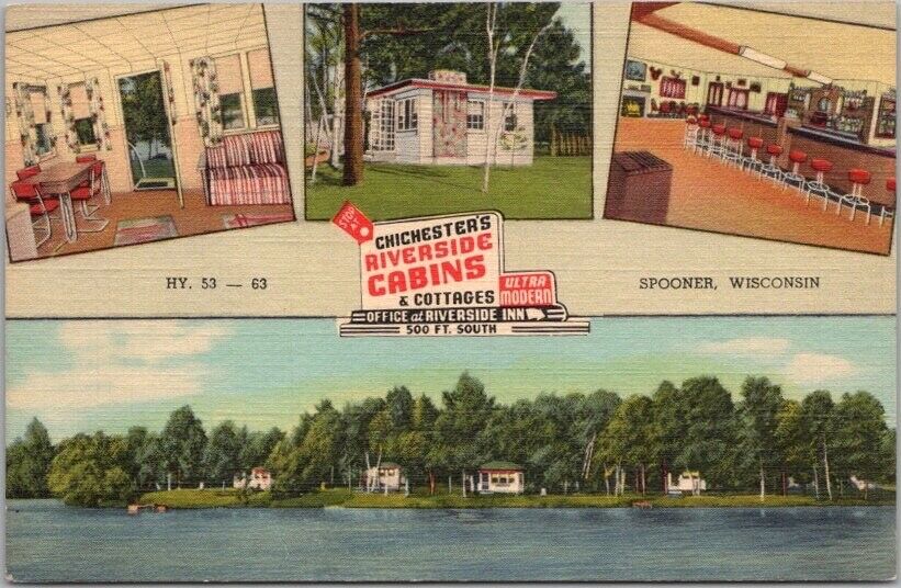 Spooner, Wisconsin Postcard CHICHESTER'S RIVERSIDE CABINS Curteich Linen c1949
