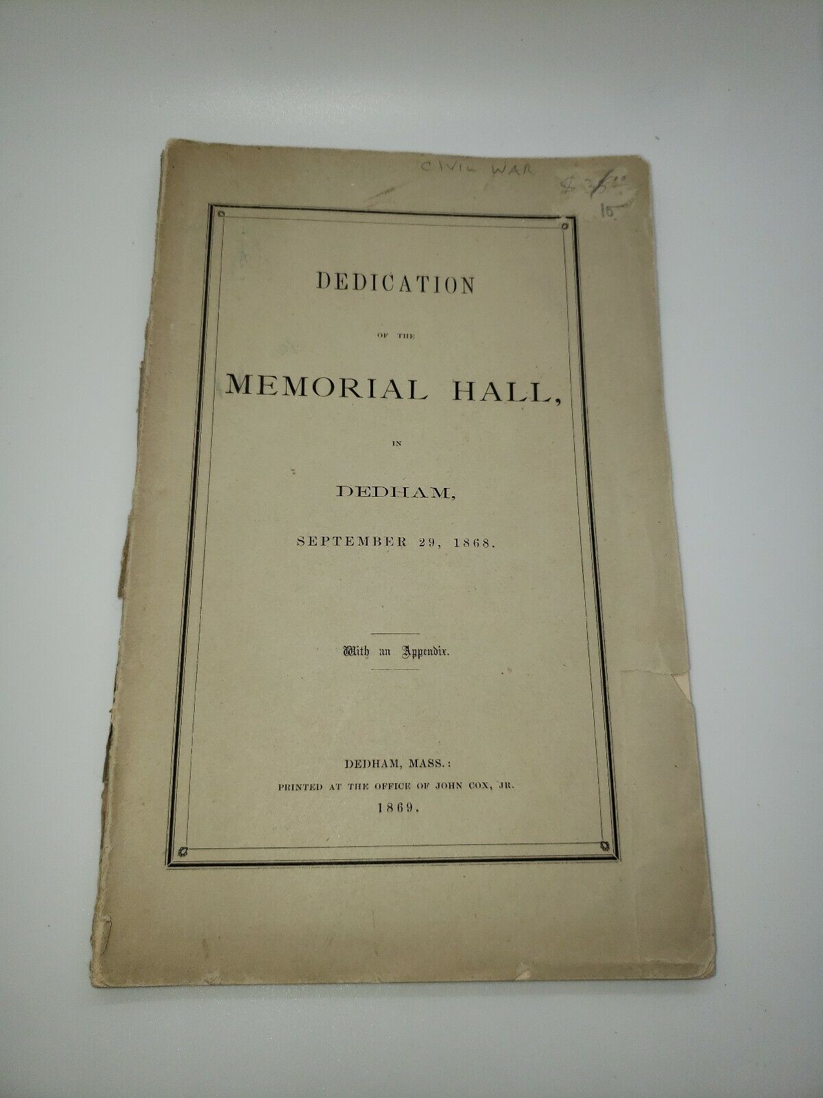 Original Antique Dedication of the Memorial Hall Dedham Mass 1868 Civil War roll