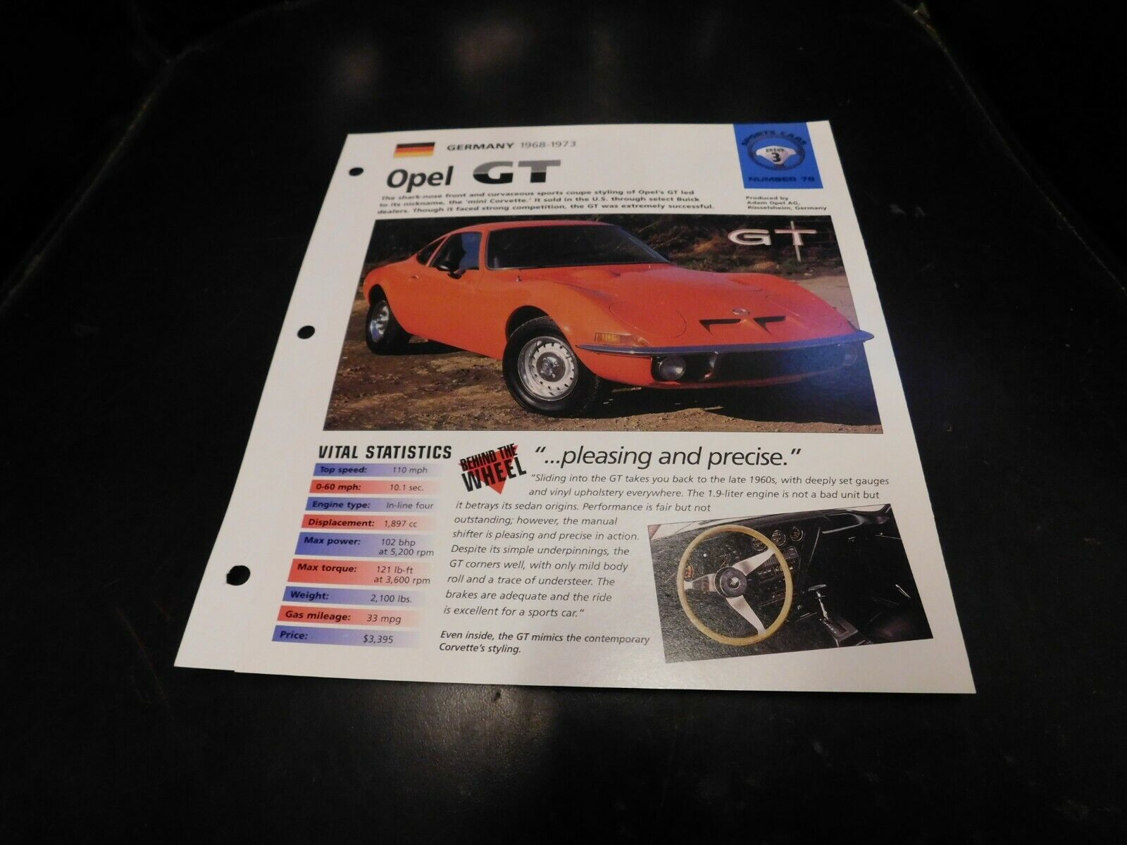 1968-1973 Opel GT Spec Sheet Brochure Photo Poster 69 70 71 72
