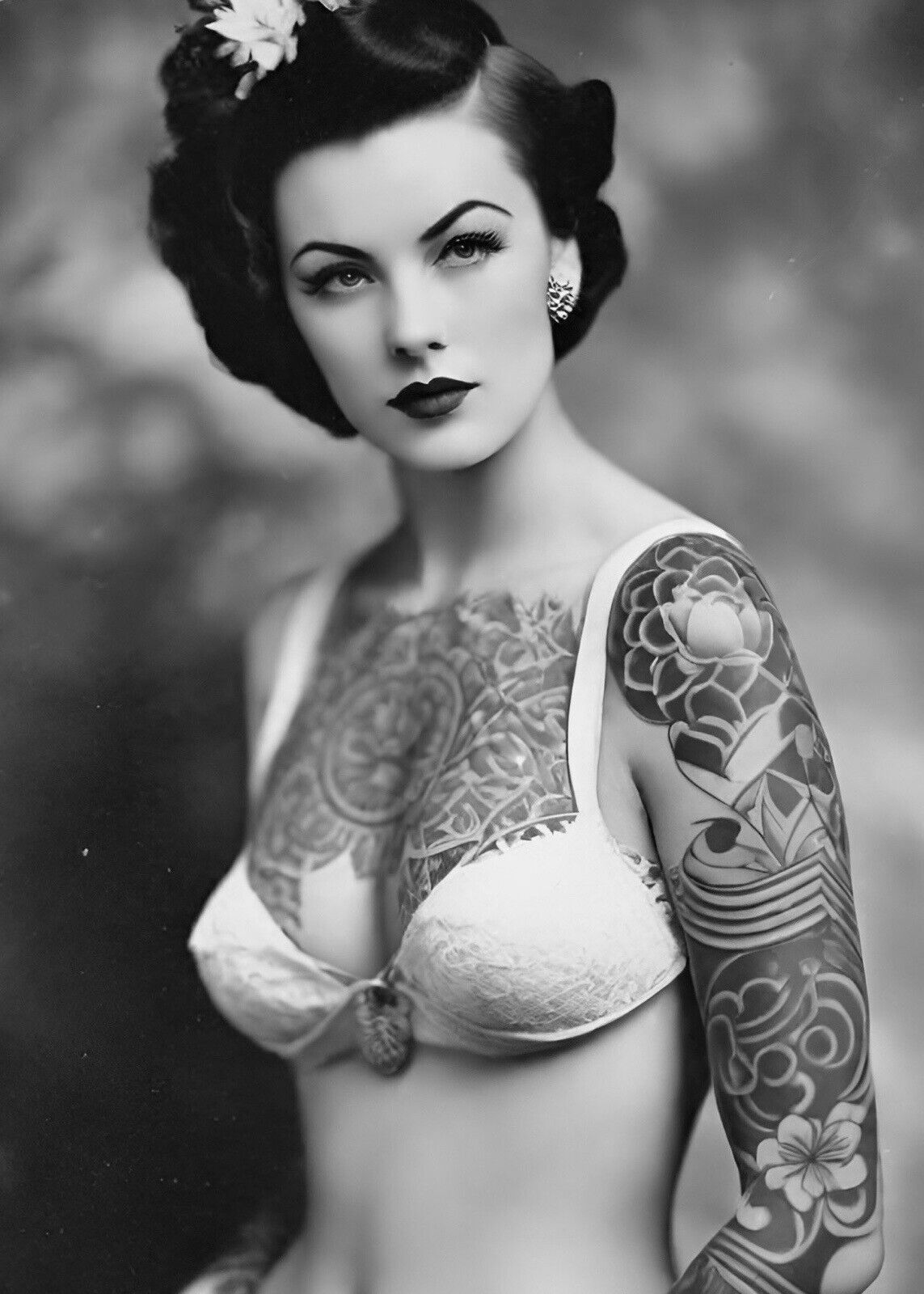 Vintage Tattoo Photo Woman Black And White Picture Antique Style Wall art V1