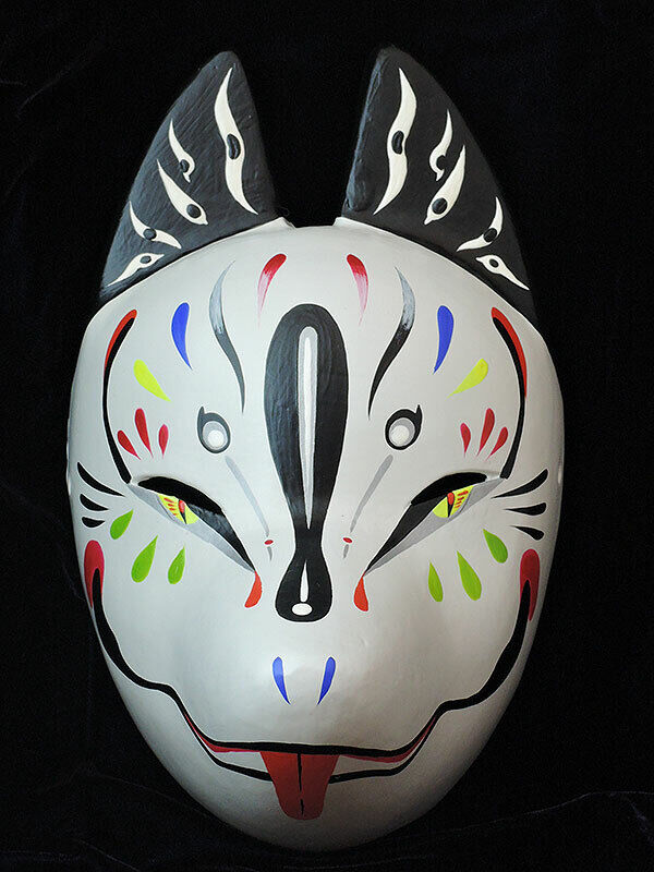 Komendo Japanese Fox Mask Full Face Blue Hand Painted -Gakushi- Paper Craft