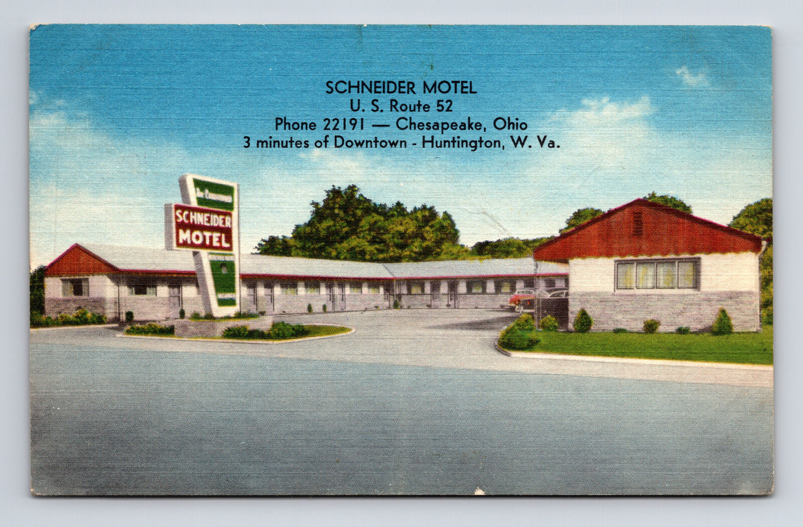 c1961 Schneider Motel US Rte 52 Chesapeake Ohio OH Roadside America Postcard