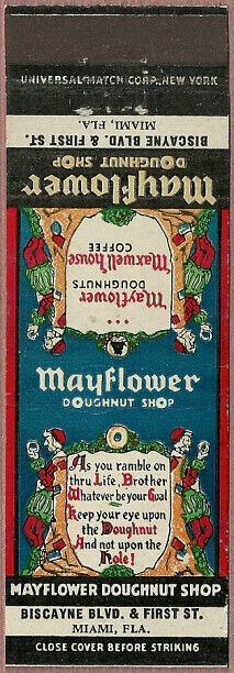 SUPERB old ~ MAYFLOWER DOUGHNUT SHOP ~ matchbook cover MIAMI, FL florida DONUTS