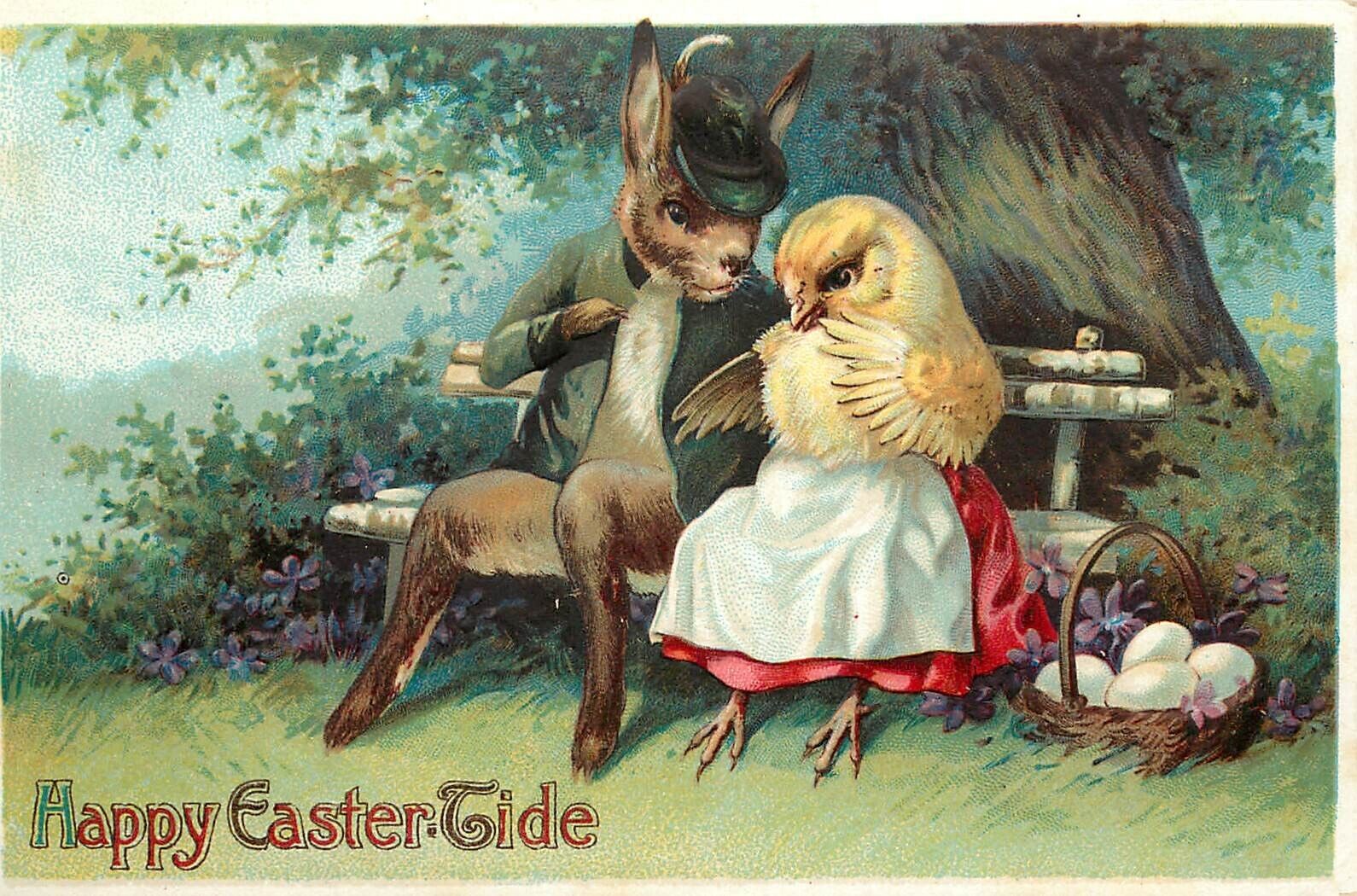 Embossed Easter Postcard Dressed Chicks Courting On Park Bench Anthropomorphic