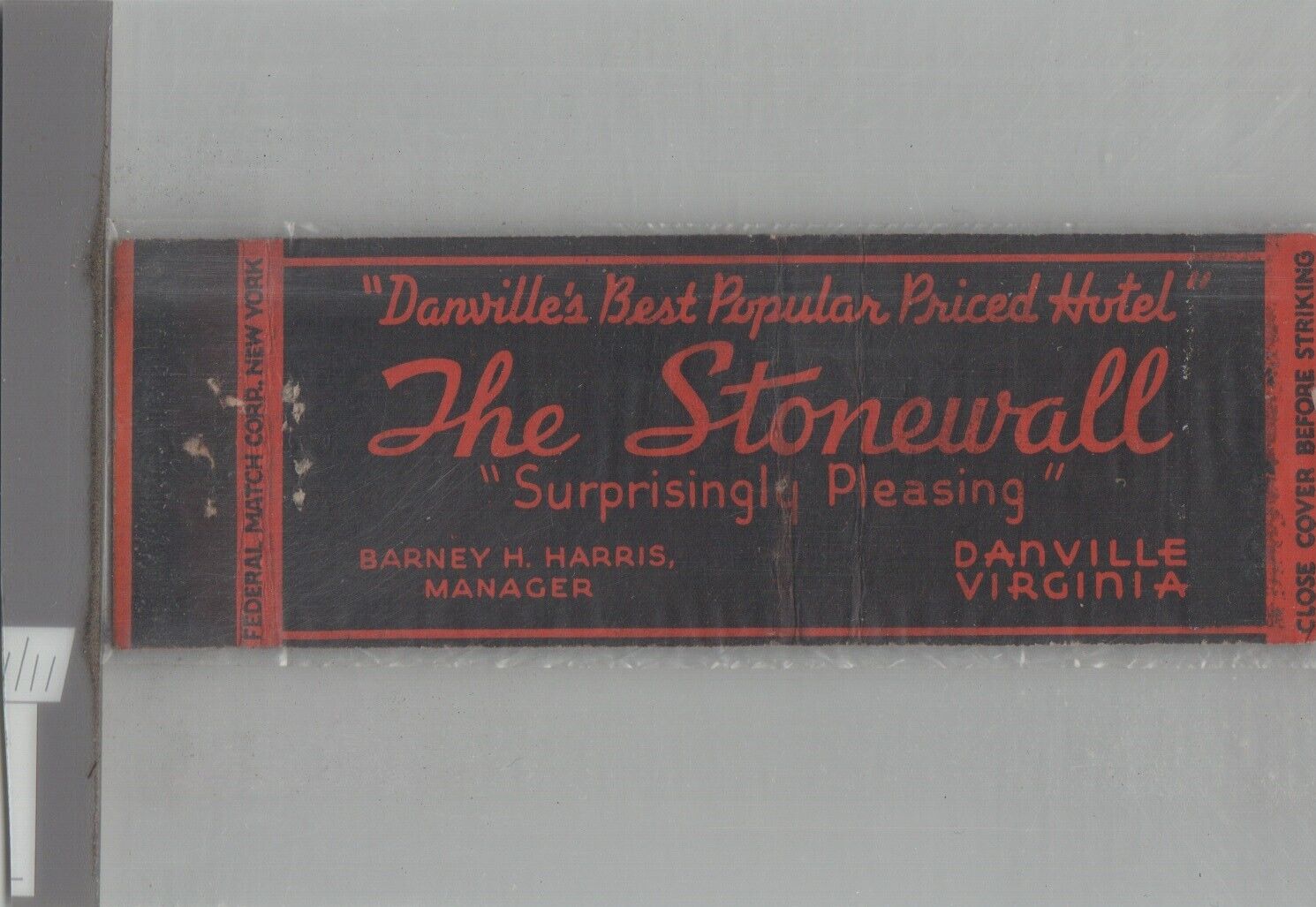 Matchbook Cover 1930s Federal Match Full Length Stonewall Hotel Danville, VA