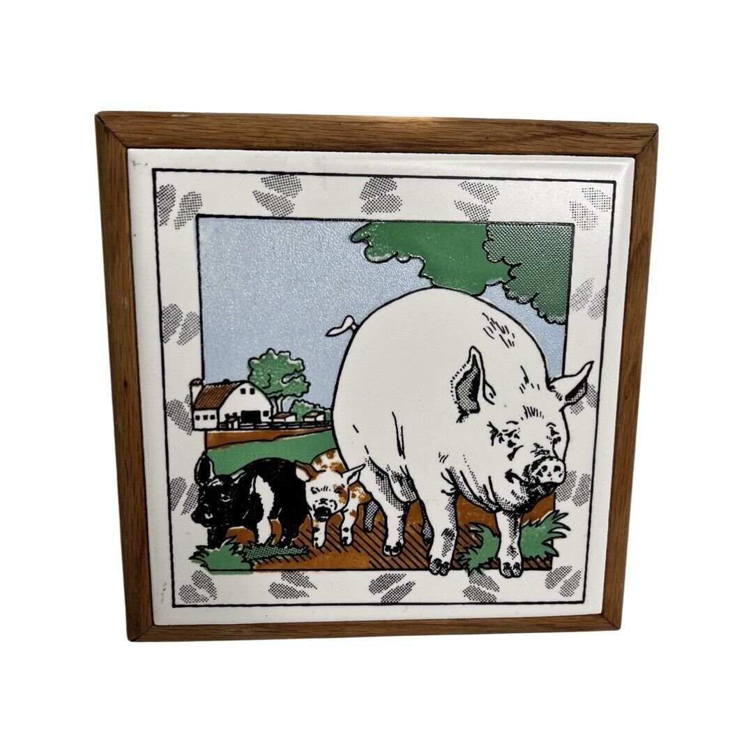 Vintage Pig Tile Trivet Hanging Vintage 80s Wood Border 7x7 Farmhouse Country