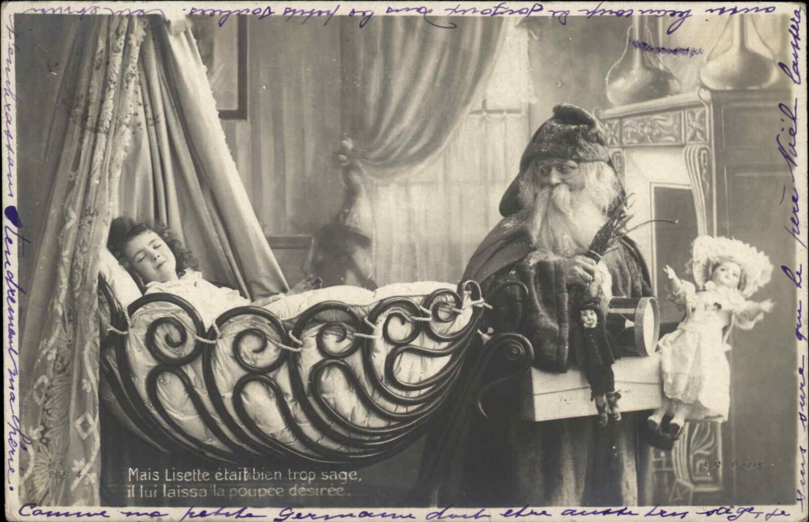 1903 Christmas French RPPC Santa Claus Antique Doll Sleeping Child REAL PHOTO