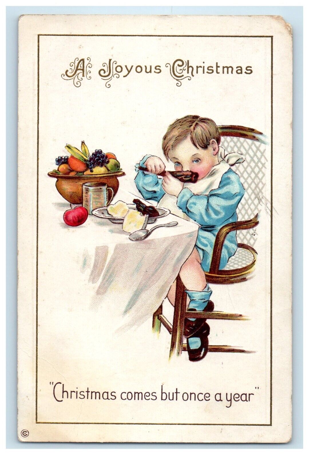 c1910\'s Joyous Christmas Boy Eating Pie Fruits Bowl Antique Embossed Postcard