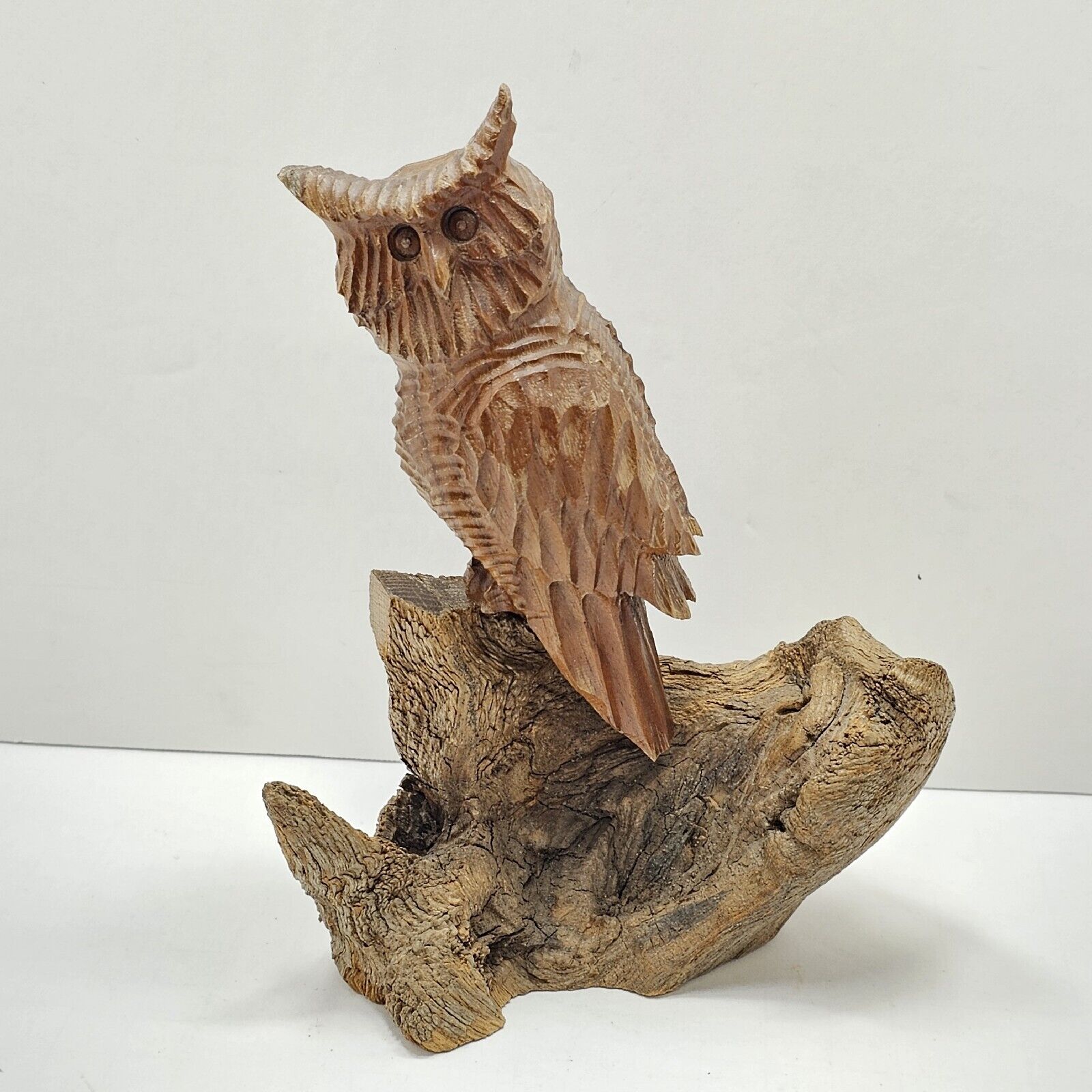 Vintage John Cowden Woodcarvers Gatlinburg Tenn. Horned Owl Sculpture Signed