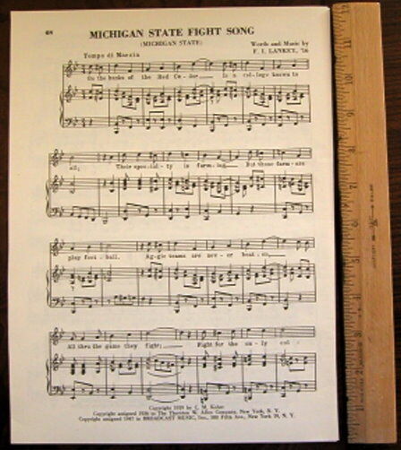 MICHIGAN STATE UNIVERSITY Vintage Song Sheet c 1953 
