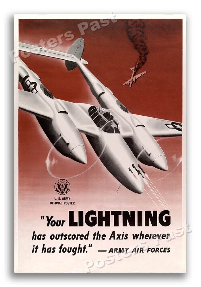 1940s Lockheed P-38 Lightning Air Force WWII Historic War Poster - 16x24