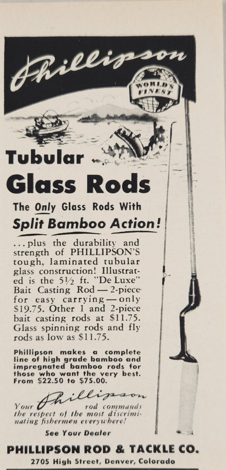 1954 Print Ad Phillipson Tubular Glass Fishing Rod Split Action Bamboo Denver,CO