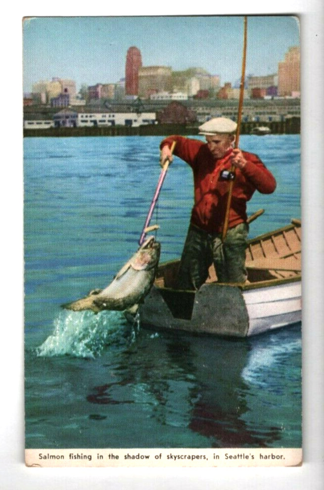 c1940s Salmon Fishing Skyscrapers Seattle Harbor WWII Vintage Postcard