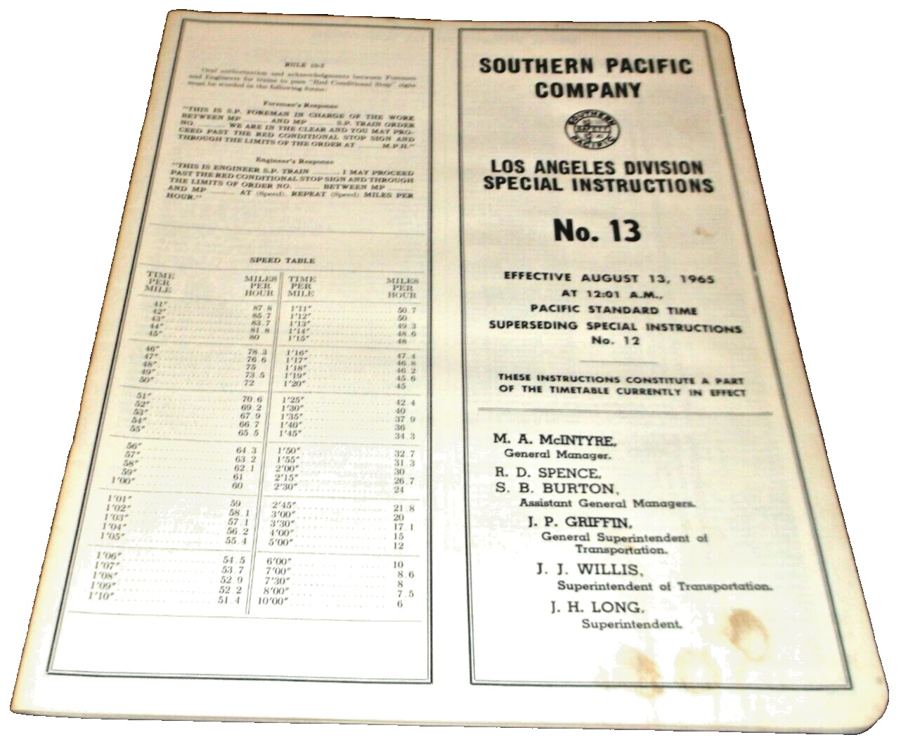 AUGUST 1965 SOUTHERN PACIFIC LOS ANGELES DIVISION SPECIAL INSTRUCTIONS #13