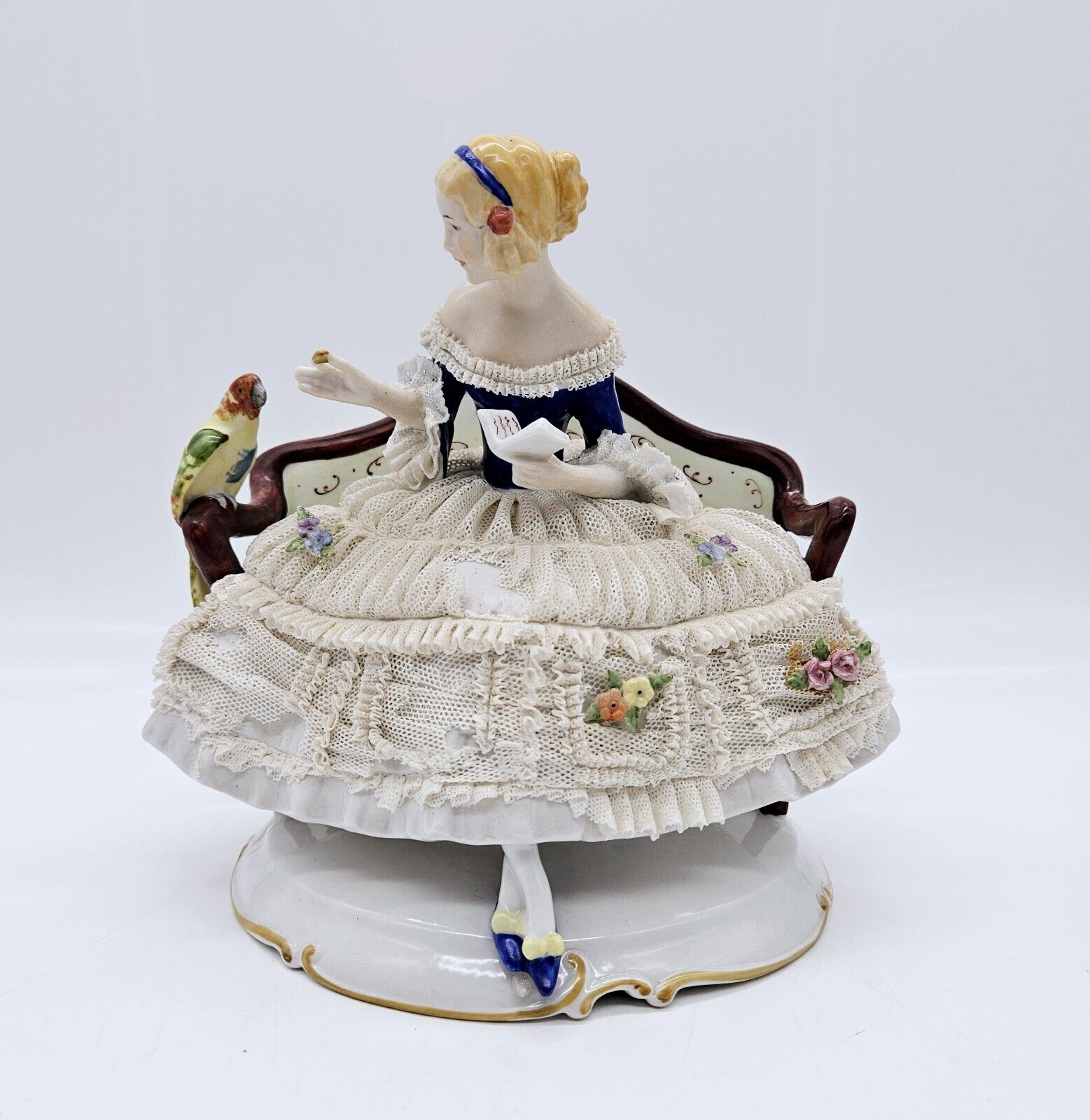 Heinz Schaubach Unterweissbach Dresden Lace Porcelain Figurine Lady with Parrot