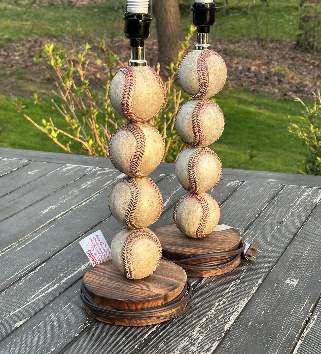 Pair of Novelty Baseball Table Lamps Stacked Baseballs on Wooden Base w Shade