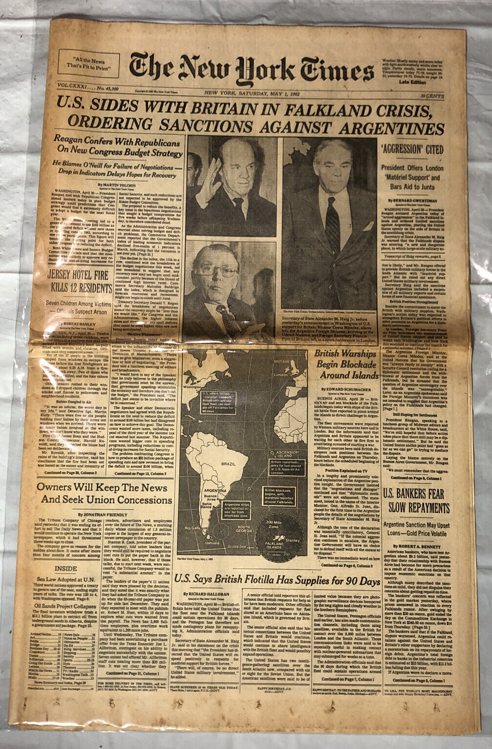 Vintage 5/1/82 New York Times Newspaper U.S. Sides With Britain In Falkland…