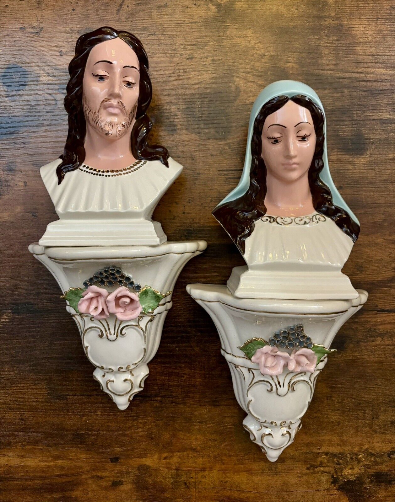Vintage MCM Ceramic Jesus And Mother Mary Busts Wall Plaque Hanging 2-Piece Set
