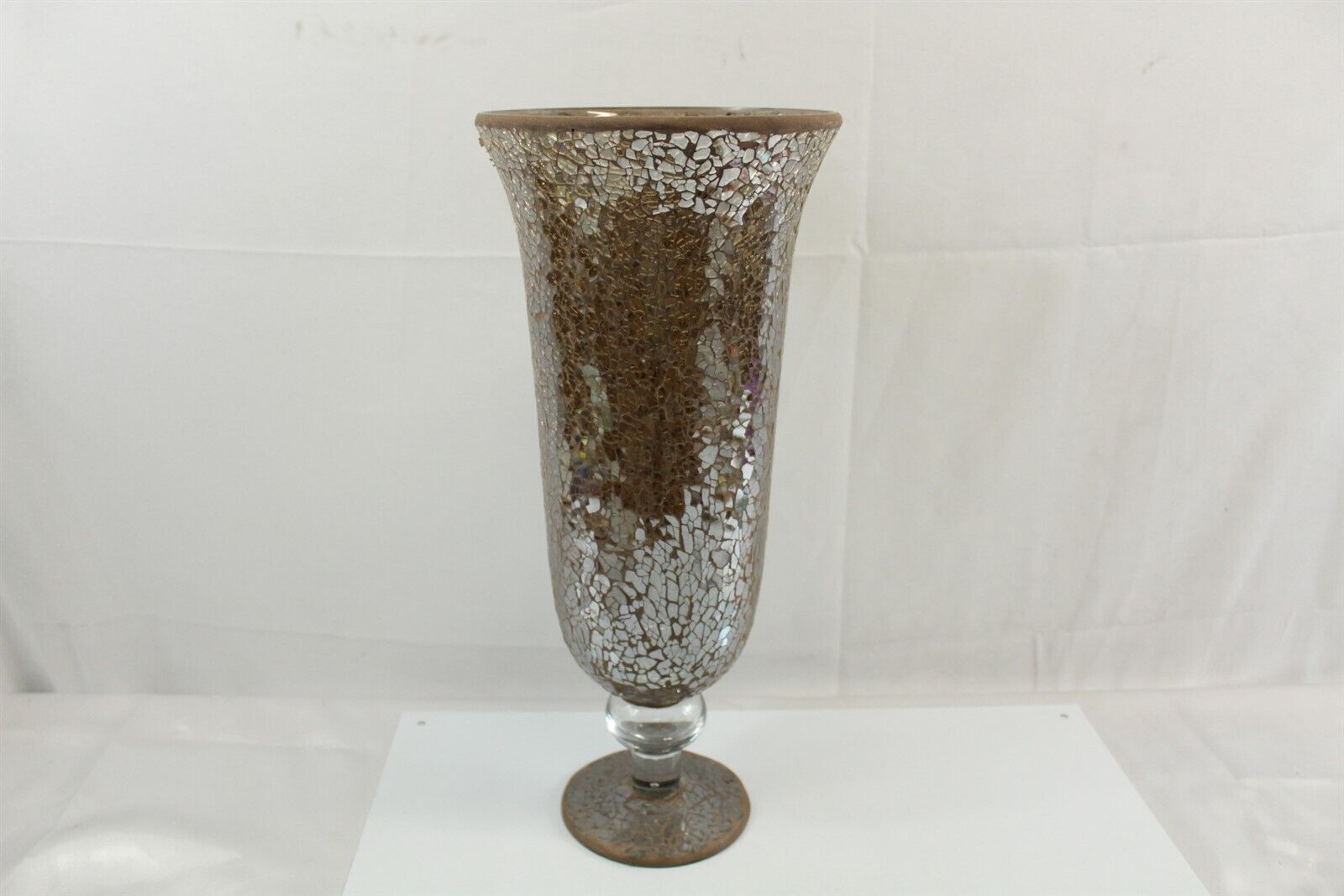 Vintage Large Pedestal Vase With Cracked Glass Finish Smokey Grey With Brown 17