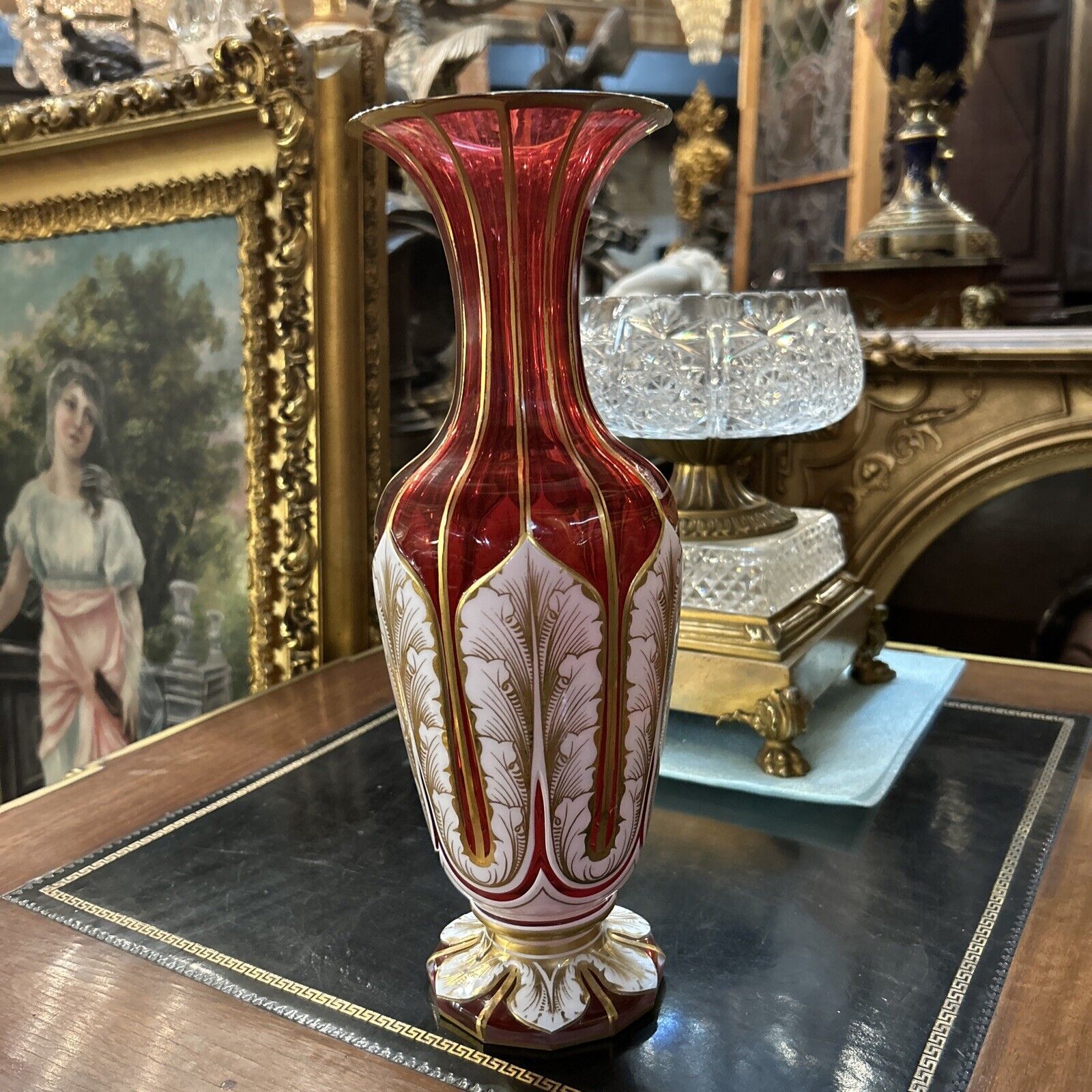 Large Bohemian Moser Overlay Glass Vase, 19 C. 14 Inches Tall