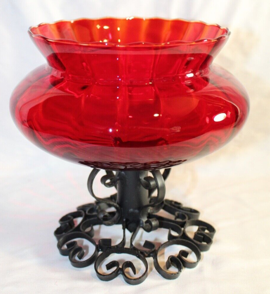 1960s MID CENTURY SPAIN SCROLLY IRON AMBERINA RUBY GLASS HAND BLOWN COMPOTE