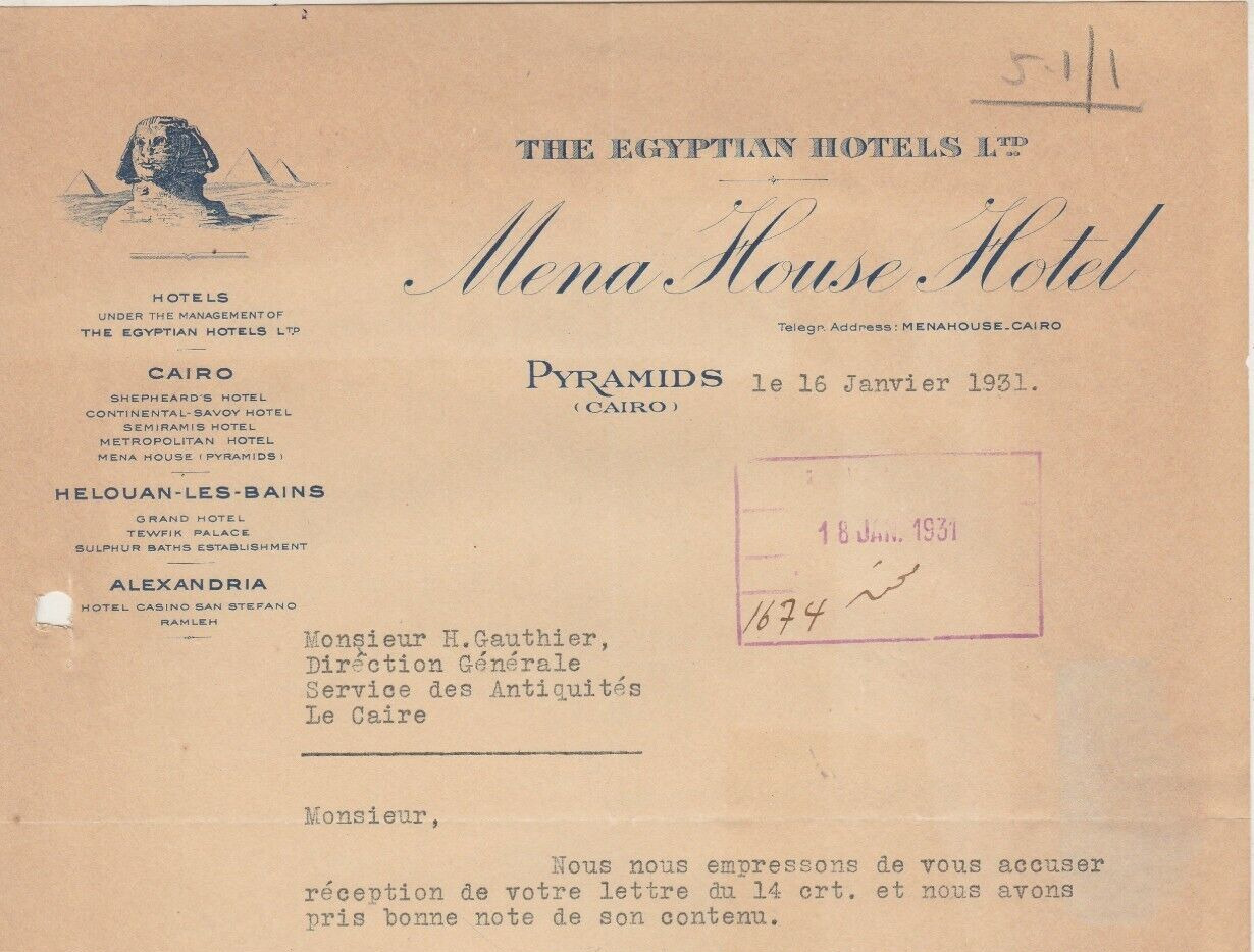 EGYPT V.Rare Letterhead MENA HOUSE HOTEL (Pyramids Lighting) Egyptologists 1931