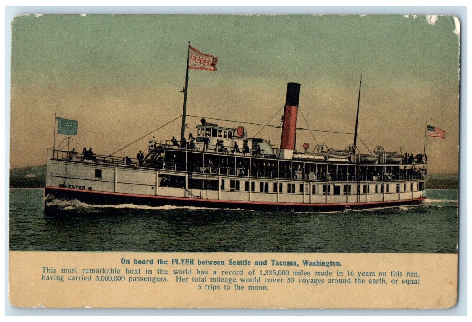 1910 On Board Flyer Steamer Ship Seattle Tacoma Washington WA Vintage Postcard