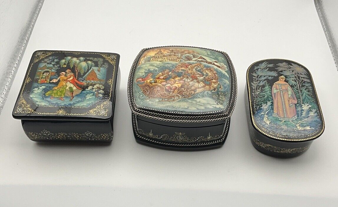 Vintage Russian Black Lacquer Set Of 3 Trinket Boxes Hand-painted EUC
