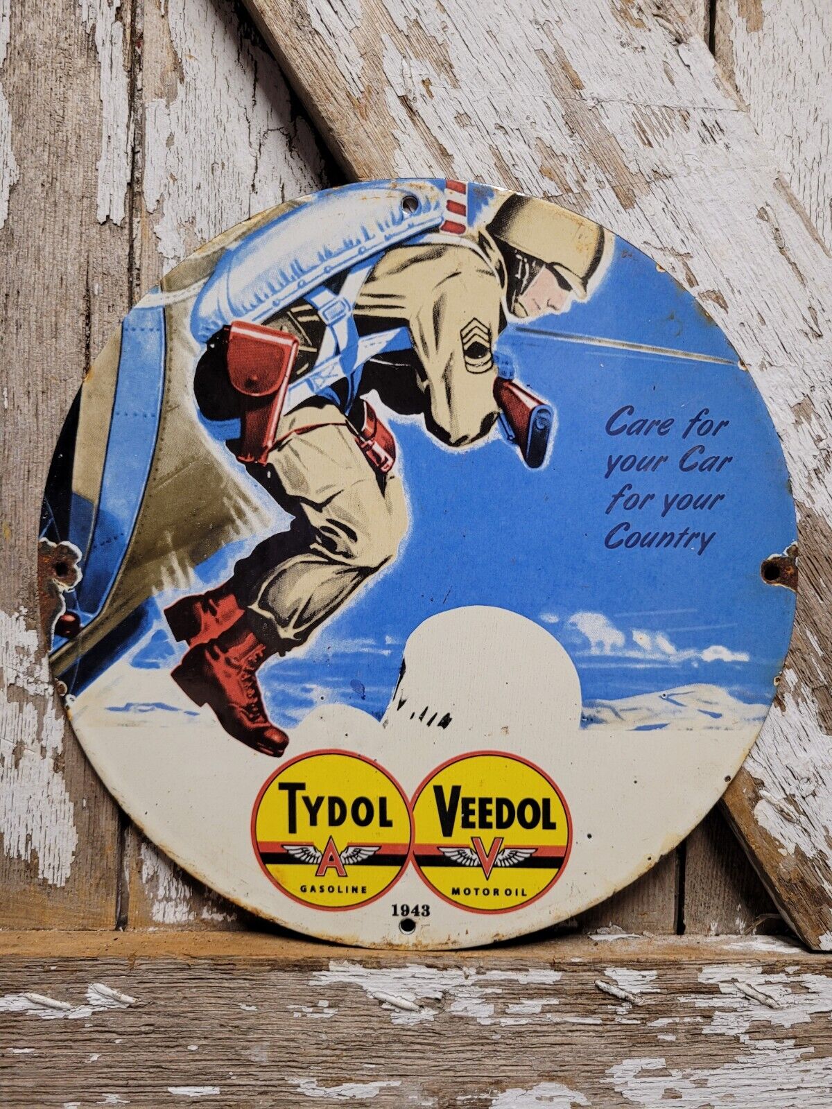 VINTAGE VEEDOL PORCELAIN SIGN TYDOL ARMY MILITARY HELICOPTER AIR FORCE OIL GAS