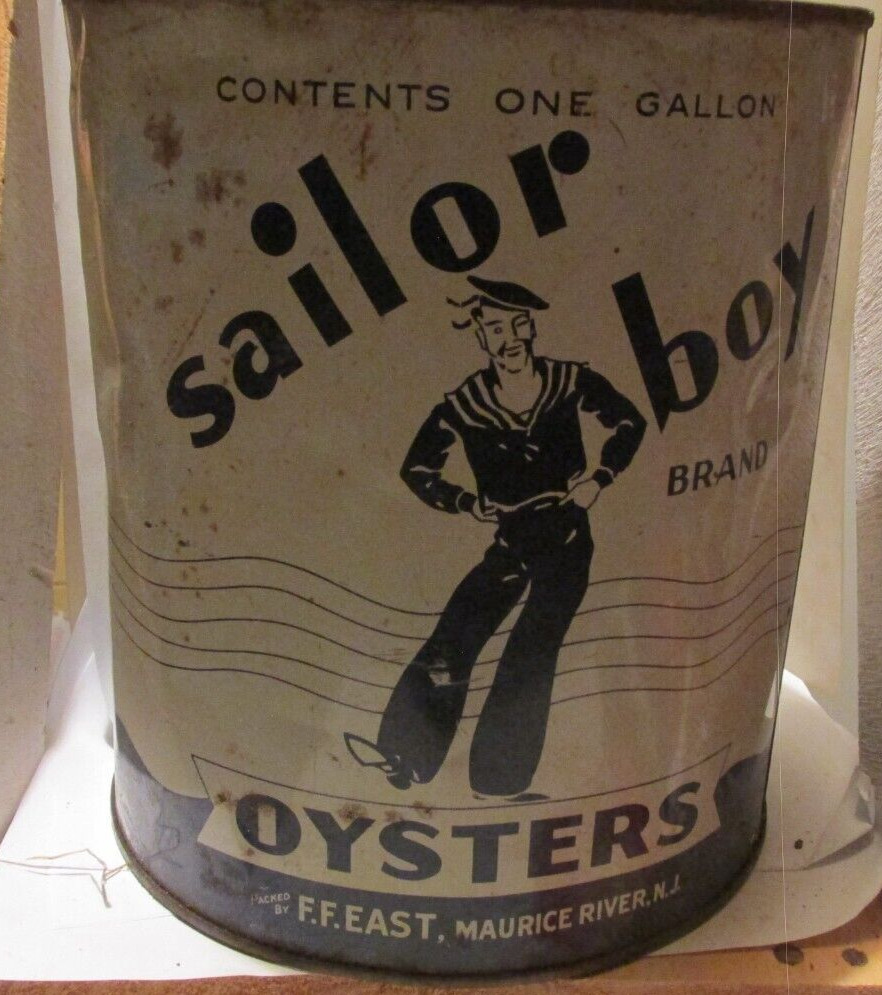 vintage old  gallon Oyster tin Sailor Boy brand  FF East Maurice River,N.J.