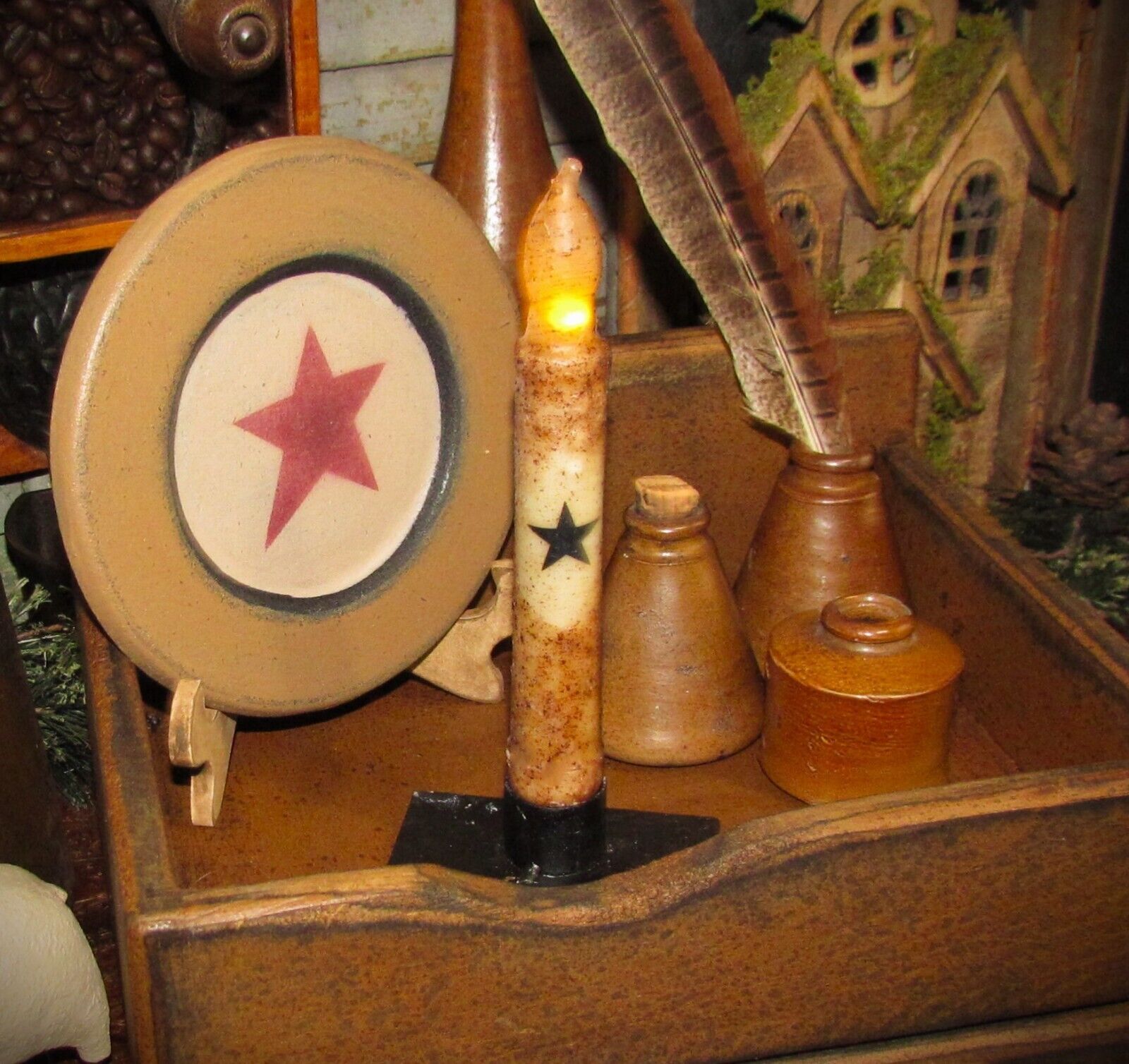 NEW Primitive Country Black Star TIMER TAPER CANDLE Burnt Ivory Grungy 6.5\