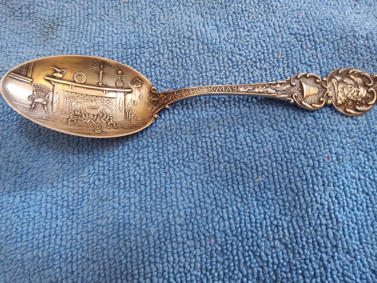 ANTIQUE MERRY CHRISTMAS STERLING SILVER SPOON SANTA BELL FIREPLACE 5 INCH