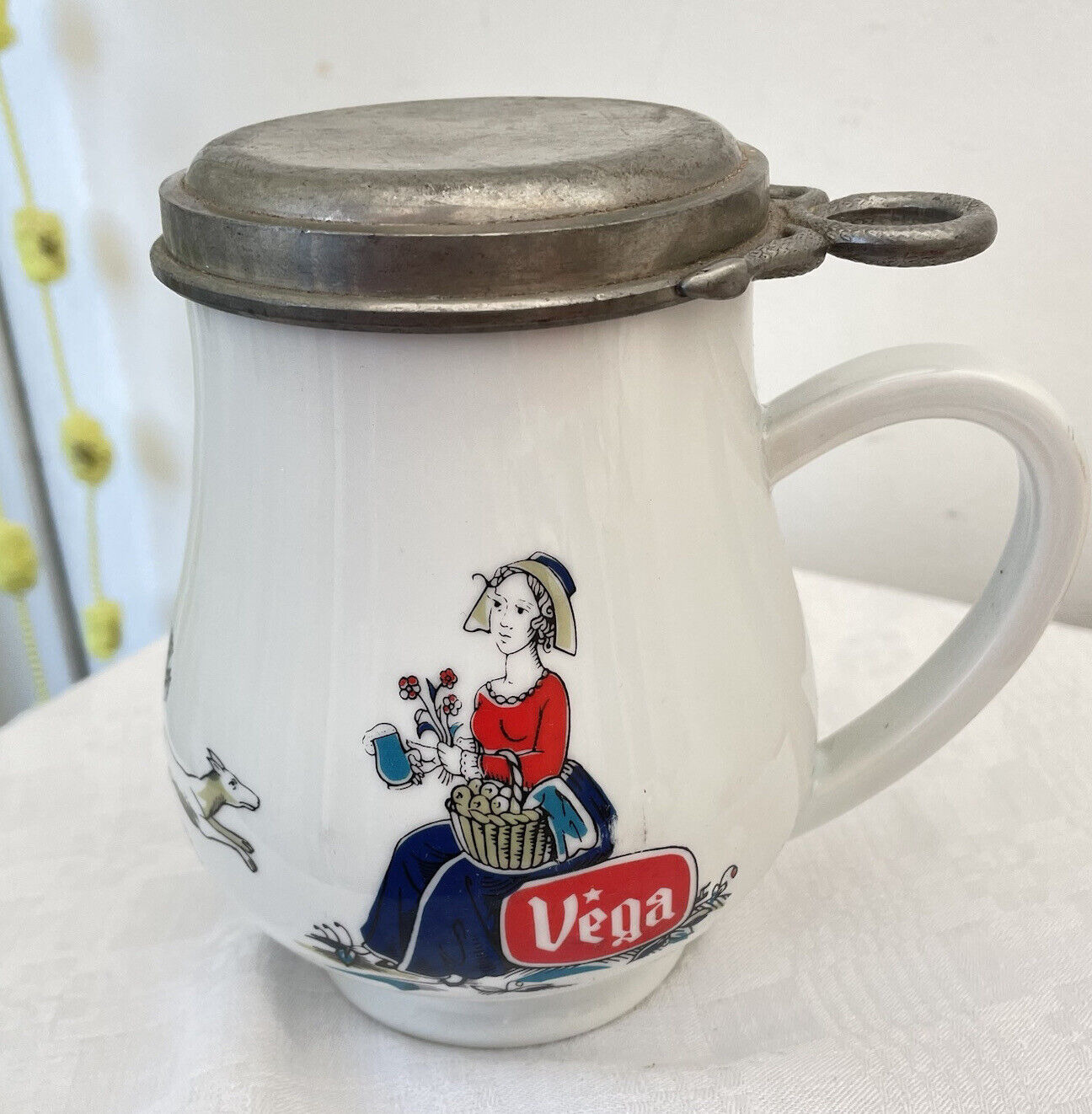 Vintage Vega Beer Stein Mug Pewter Lid Porcelain Ceramic French Flanders 5 ½”