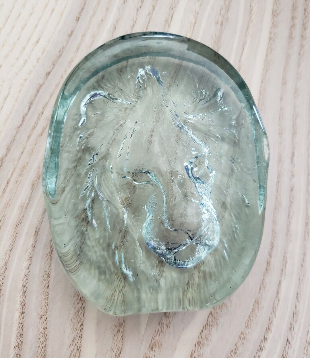 Vintage Etched Lion Art Glass Paperweight Decorative 