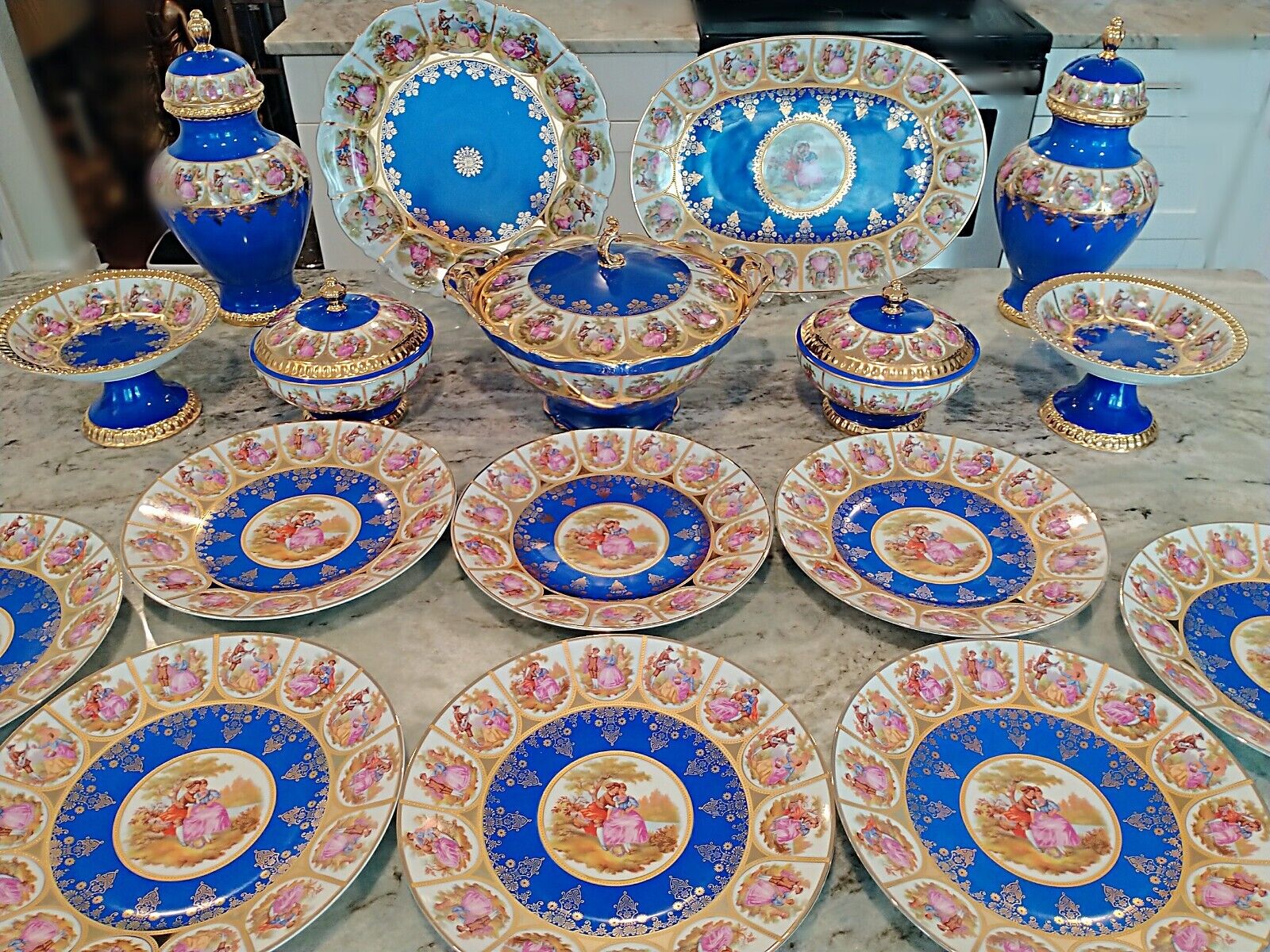 Rare Huge Hutschenreuther Bavaria Germany Blue Gold Porcelain Plate Urn Set 