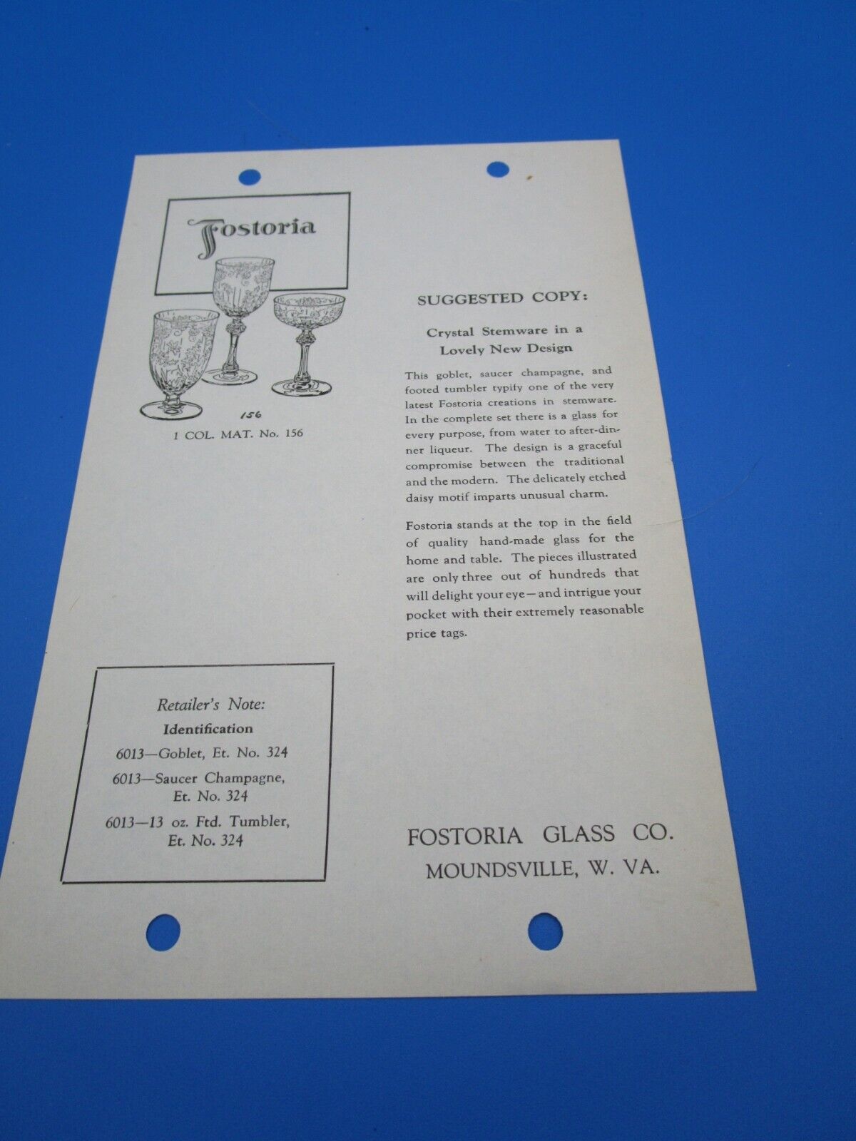 FOSTORIA GLASS Original Ad Mat Illustrated Text #6013 DAISY Etch 1935 No. 156