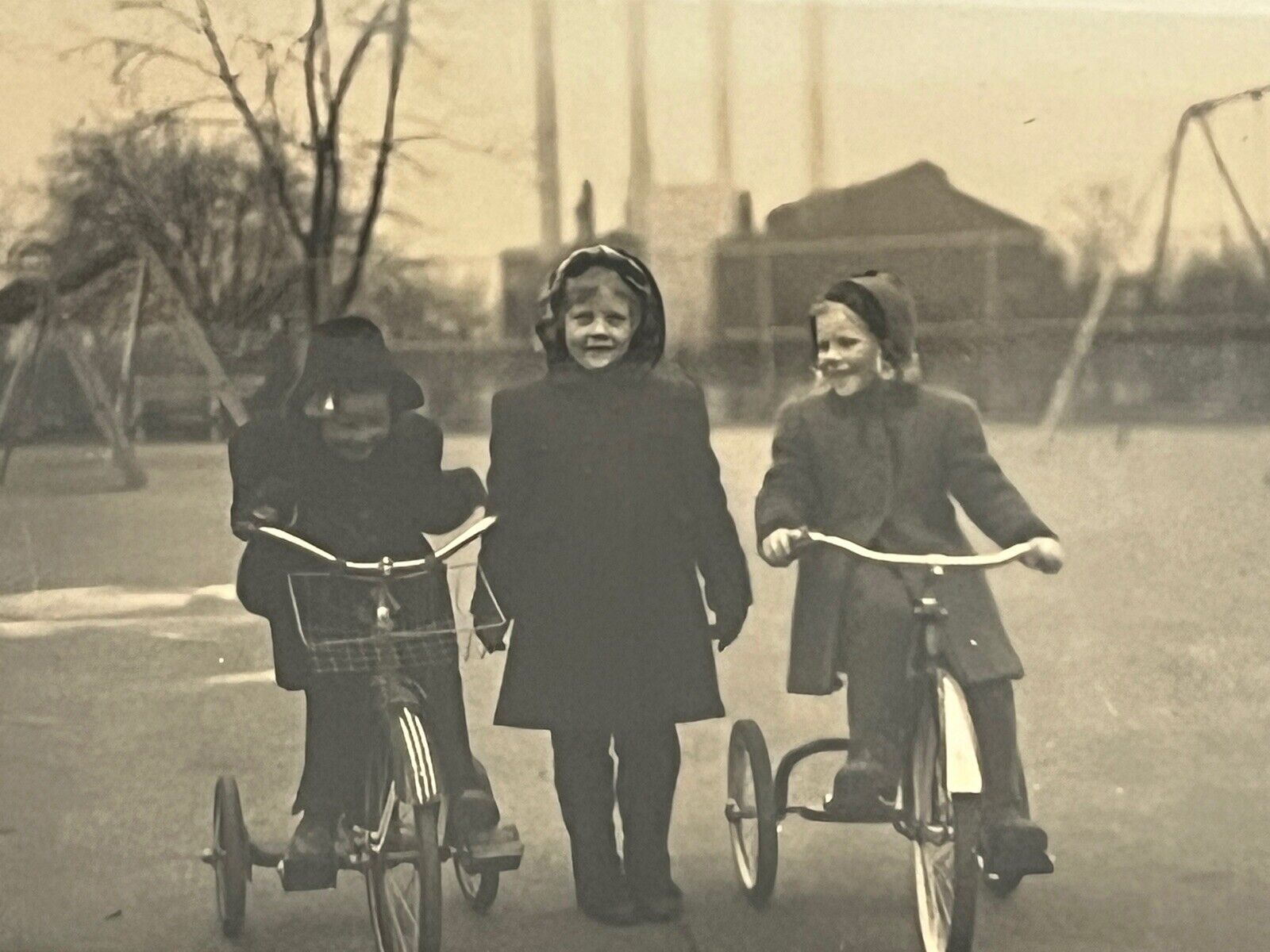 Vintage Photo Three Pretty Young Girls on Antique Tricycles Playground 1930s