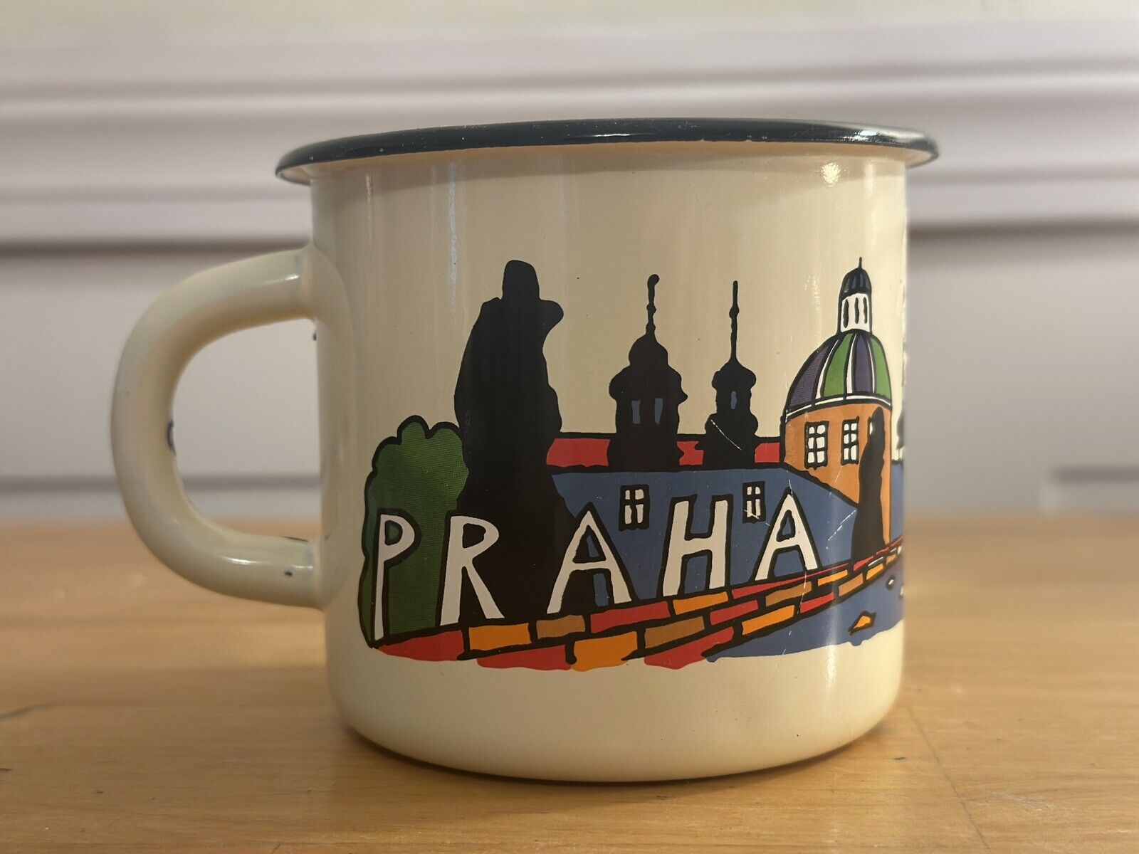 Smaltum Prague Praha Souvenir Steel Enamel Mug White City Landscape 1.5 cup