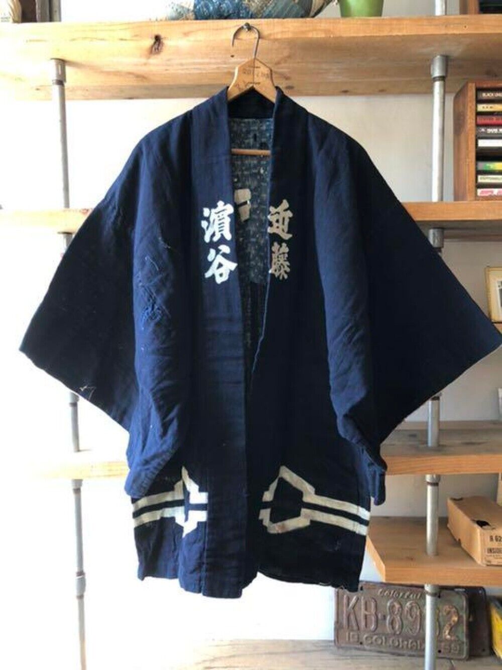 Vintage Japan Boro Old Indigo-dyed Happi Coat Hanten Kimono Japanese Work Wear 1