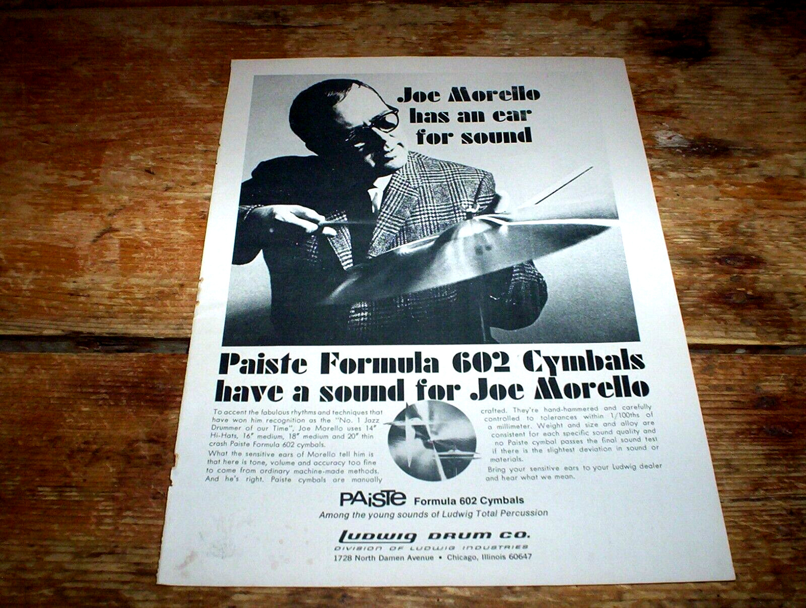 JOE MORELLO ( LUDWIG DRUMS / PAISTE CYMBALS ) 1970 U.S. magazine PROMO Ad NM-