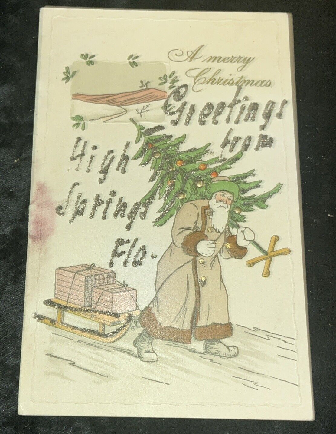 Brown Santa , c1907 Christmas Postcard, Greetings From High Springs , Fla Rare