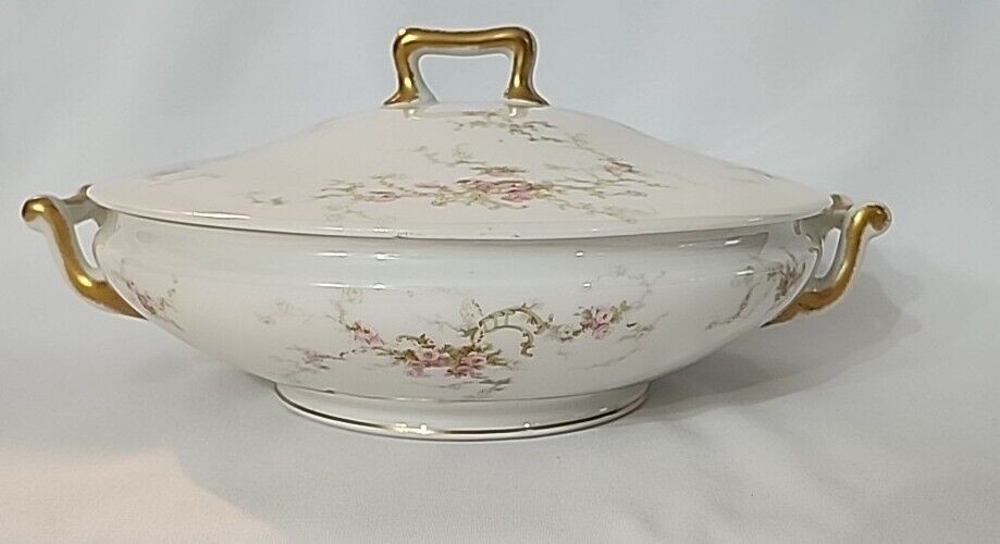 Antique Theodore Haviland Limoges France Covered  Dish Pink Roses & Vines EUC 