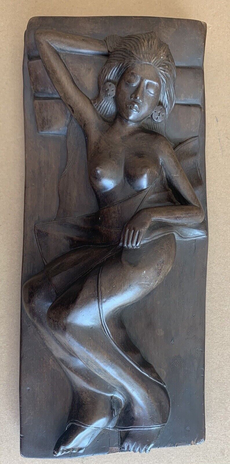 Vintage Wood Carved Bali Nude Woman In Bed Sculpture Art MCM 12”