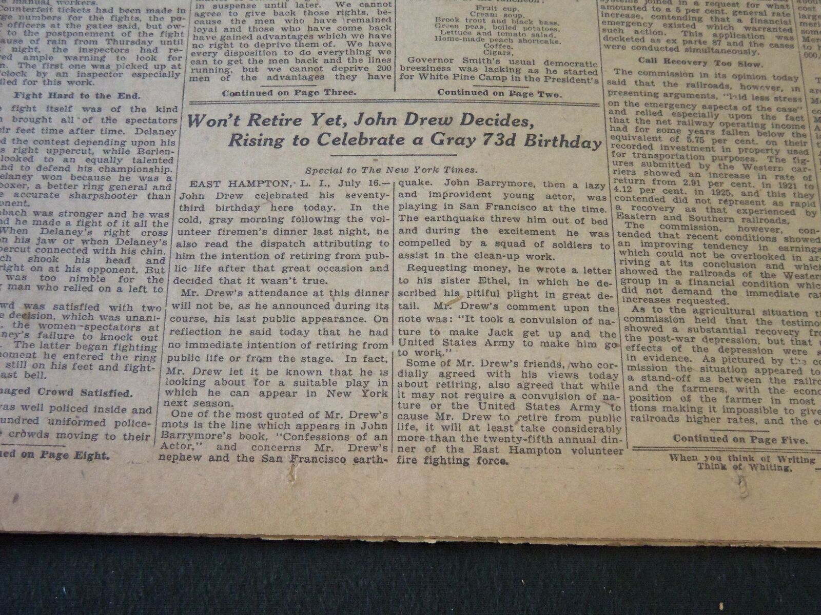 1926 JULY 17 NEW YORK TIMES - JOHN DREW CELEBRATES 73D BIRTHDAY - NT 6588