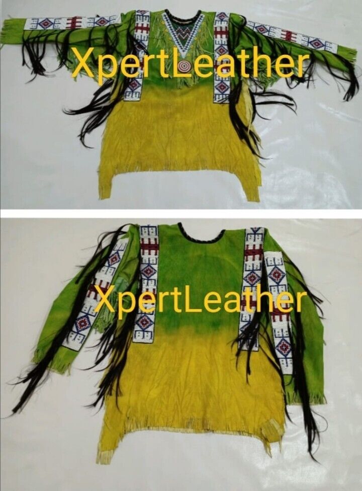 Old Antique Style Buffalo Suede Hide Fringe Sioux Beaded Powwow War Shirt XWS117