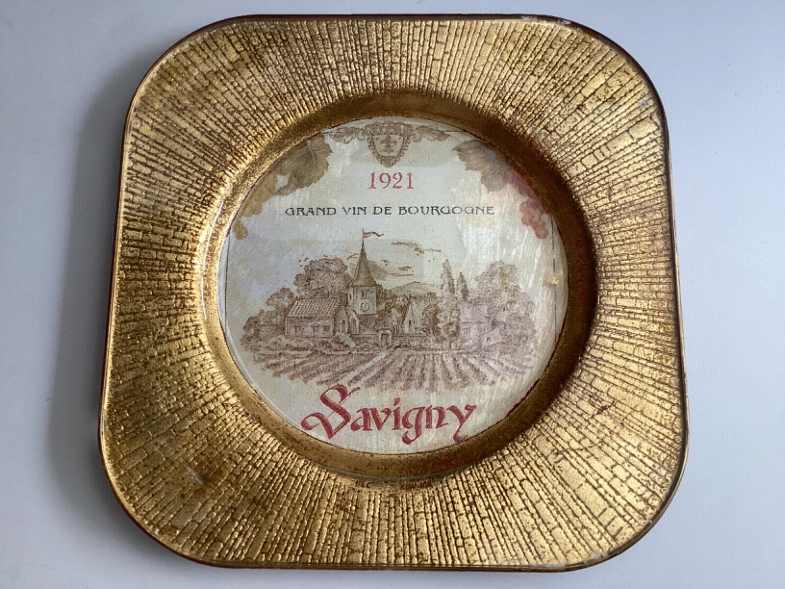 1921 Antique Handmade Grand Vin de Bourgogne Savigny Decorative Wall Plate *