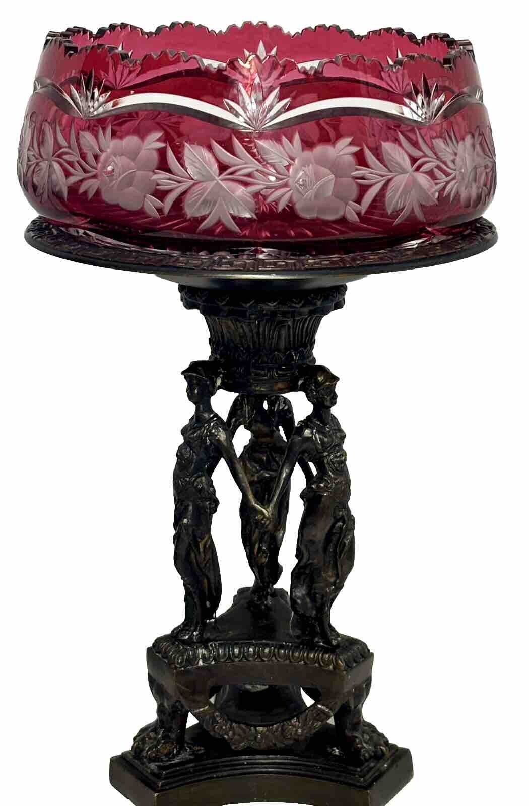 Antique Victorian Cranberry Glass Bridal’s Basket On Intricate Bronze Stand 19”H
