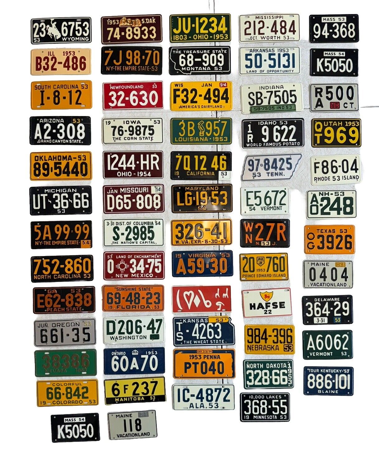 VINTAGE 1953 WHEATIES Bicycle Mini License Plates Various States 61 PIECE Lot 