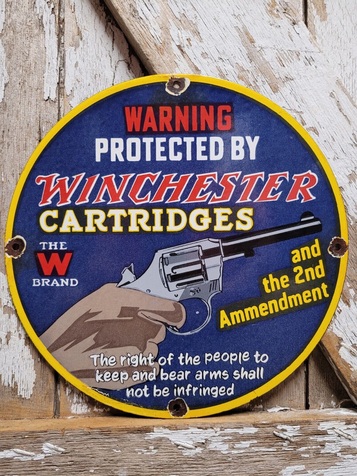 VINTAGE PROTECTED BY WINCHESTER PORCELAIN SIGN GUN AMMO CARTRIDGES RIFLE FIREARM