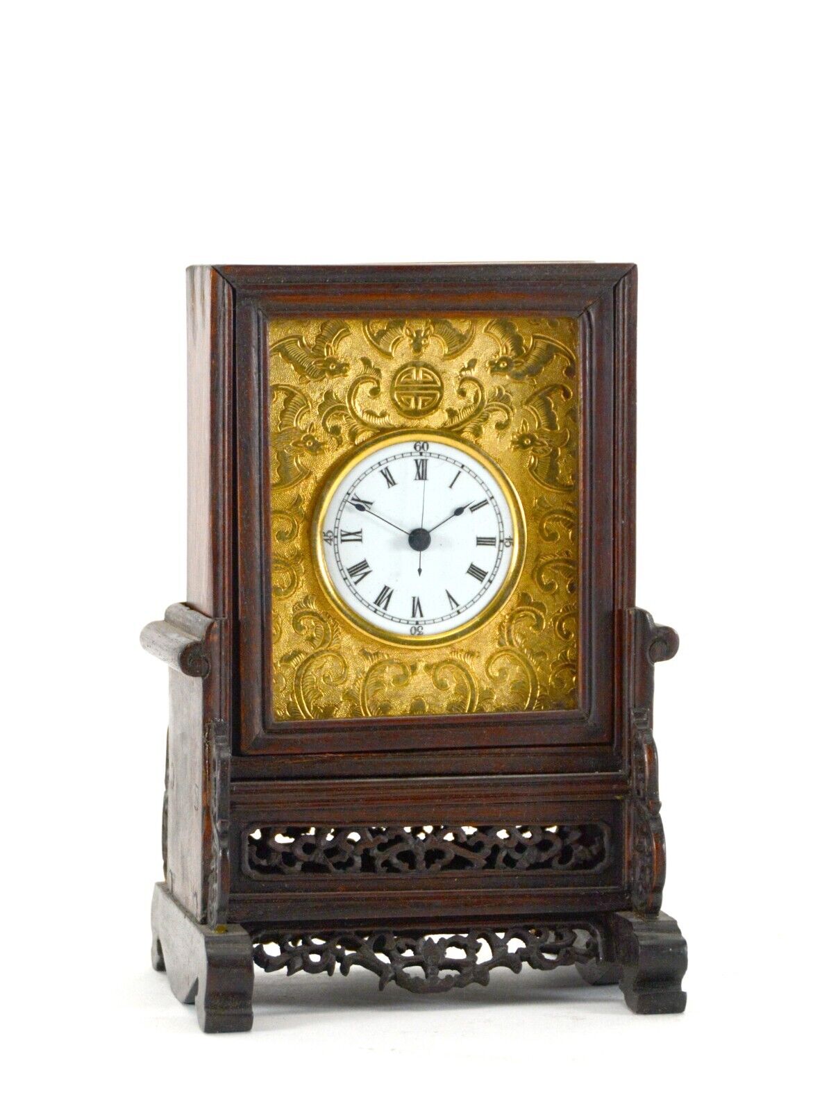 Superb Handcrafted Rosewood Case Engraved Gilt Dial Carved Chinese Bracket Clock